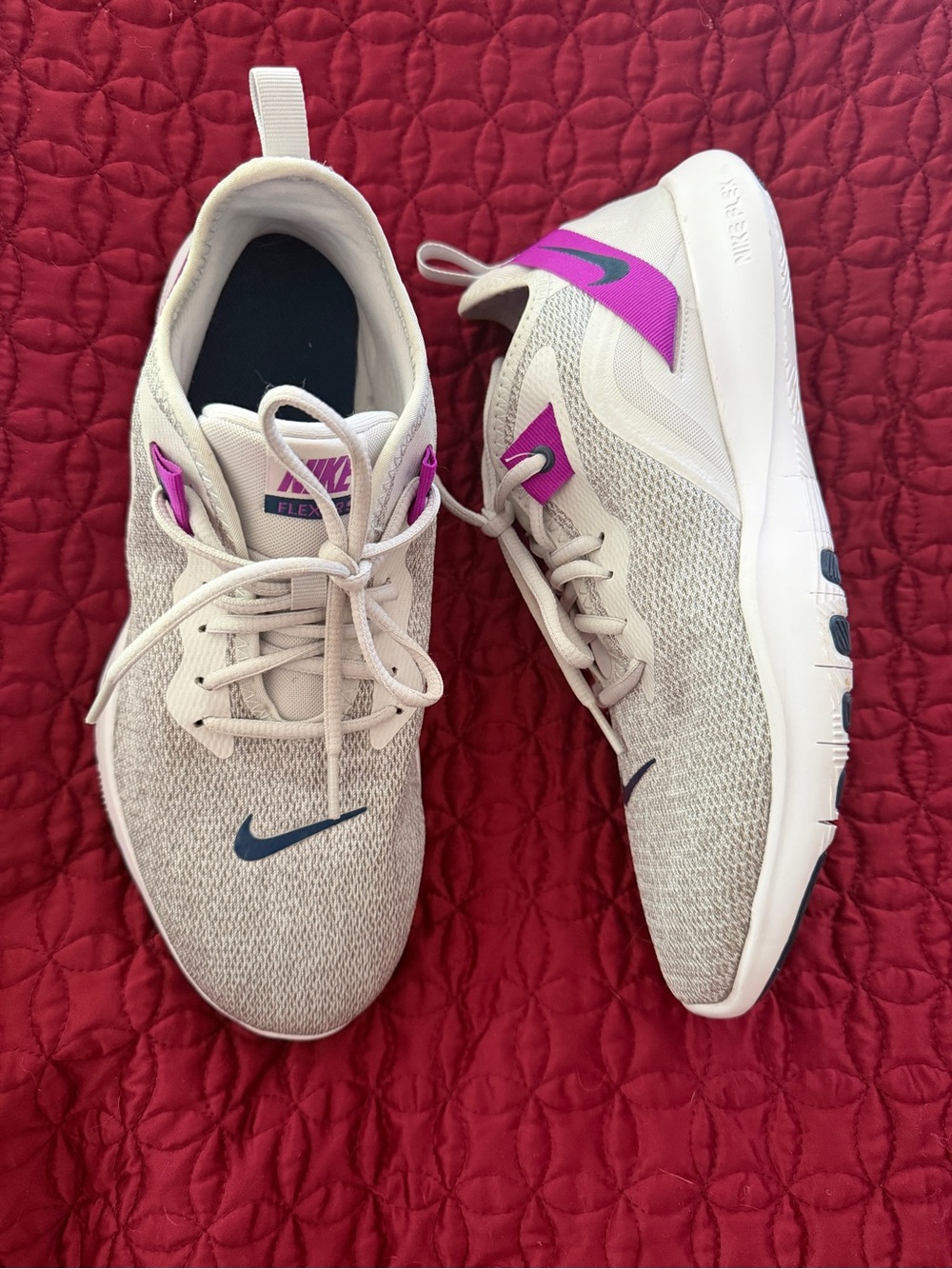Nike Women's Beige Athletic Shoes with Purple and Navy Accents